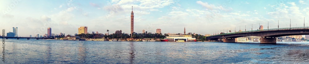 View on Cairo tower from the Nile, morning panorama