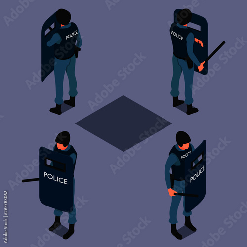 Policeman with a shield and a baton. Uniformed police in isometry in different angles.