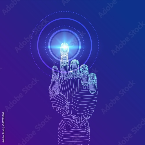 Robotic hand touching digital interface. Virtual reality. Touch the future wireframe illustration. Concept of communication world or cyber security. Robotics futuristic concept. Vector illustration.