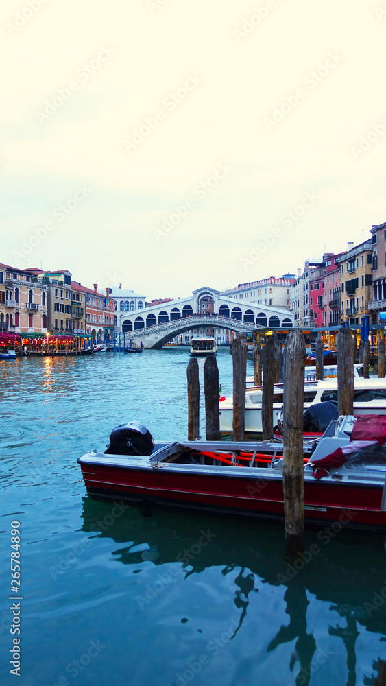Venice, Italy Moored or docked boats near Rialto Bridge