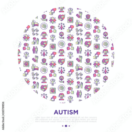 Autism concept in circle, symptoms and adaptive skills thin line icons: repetitive behavior, stereotypy, ignoring of danger, autoaggression, hysterics, social interaction. Modern vector illustration.