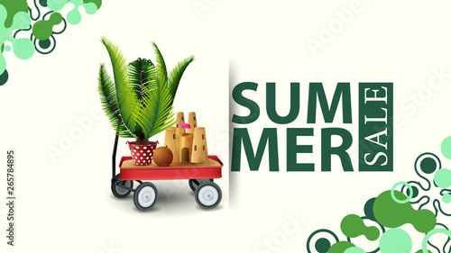 Summer sale, modern design of a discount banner for your site with garden cart with sand, sand castle and potted palm