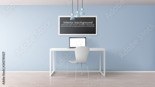 Modern office, coworking center work place, home cabinet minimalistic interior with laptop on white desk, single chair, painting or photo frame on blue wall, hanging ceiling-mounted lamps illustration