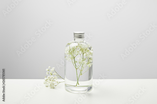 organic beauty product in transparent bottle and white wildflowers on grey background