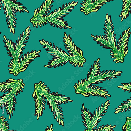 Christmas seamless pattern hand-drawn. Green branch of the Christmas tree on a green background.