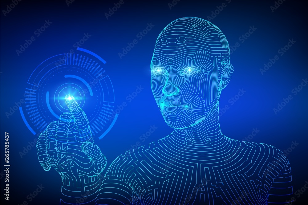 Wireframed female touching digital graph interface. AI