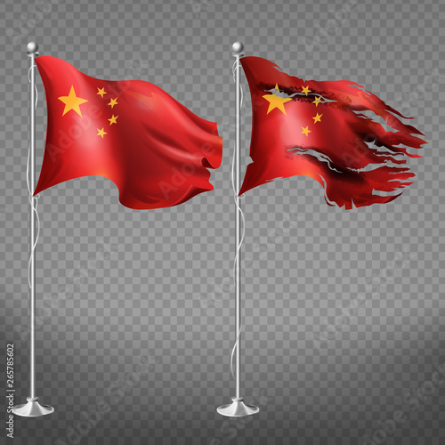 China flag set of new and ragged damaged edges red waving national country canvas with yellow stars on steel flagpoles isolated on transparent background Realistic 3d vector illustration, clip art