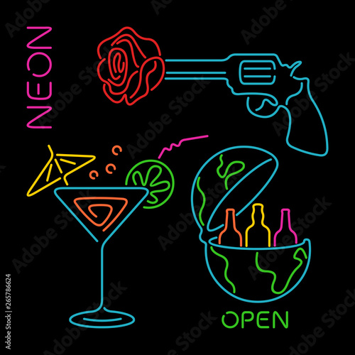 Cartoon neon signboard with cocktail, revolver and rose shot, open globe with alcoholic drinks in it color light sign.