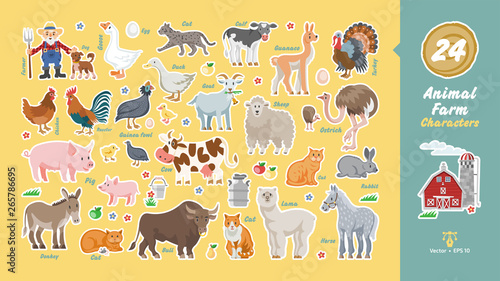 Animal farm characters set with farmer, dog, barn, cow, sheep, donkey, pig, chicken, rooster, duck, turkey, goat, bull, calf, ostrich, rabbits, cats, goose, lama, horse, guinea fowl funny collection.