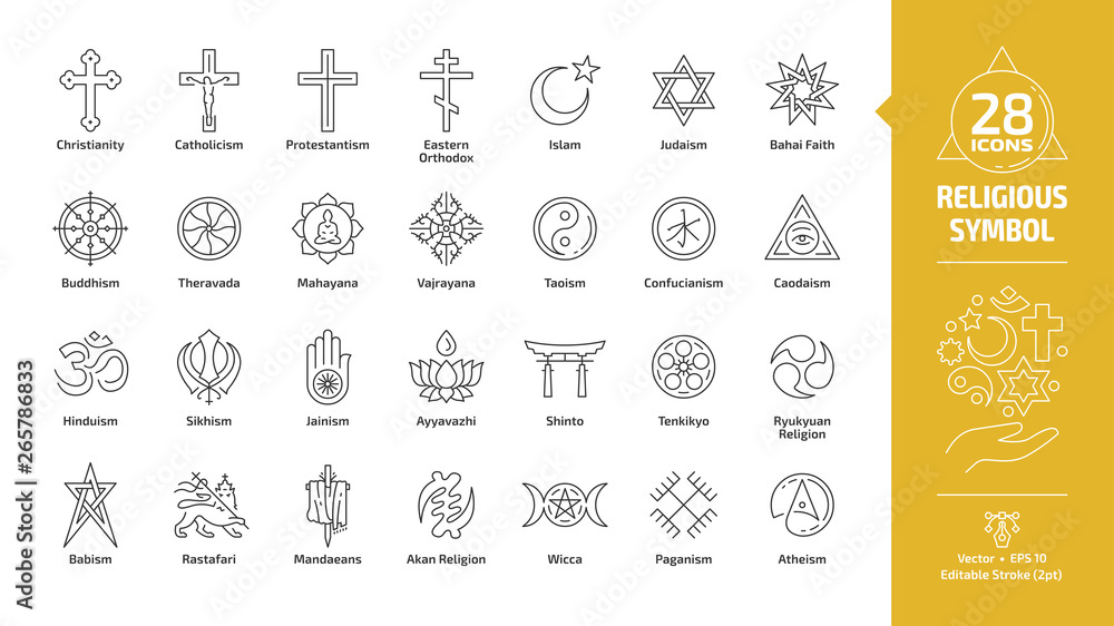 Religious symbol editable stroke outline icon set with christian cross, islam crescent and star, judaism star of david, buddhism wheel of dharma, taoism yin and yang religion line sign. - obrazy, fototapety, plakaty 