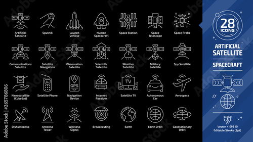Satellite editable stroke outline icon set on a black background with dish and tower antenna, space station, earth orbit, wireless communication technology, GPS navigation signal and more line sign.