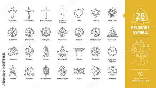 Religious symbol editable stroke outline icon set with christian cross, islam crescent and star, judaism star of david, buddhism wheel of dharma, taoism yin and yang religion line sign.