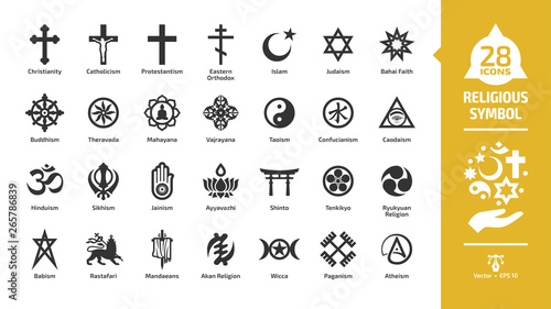 Religious symbol glyph icon set with christian cross, islam crescent and star, judaism star of david, buddhism wheel of dharma, hinduism aum letter religion silhouette sign.