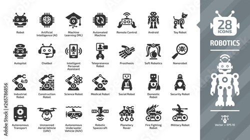 Robotics industry glyph icon set with robot and bot technology, artificial intelligence AI, machine learning ML, automated and remote control, smart chip, android, toy and more tech symbols.