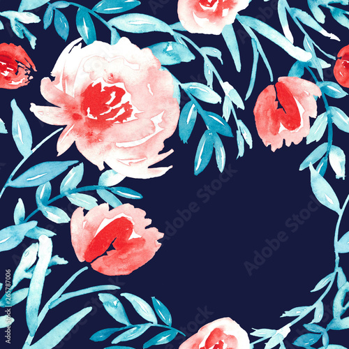 Watercolor floral frame in turquoise and red on dark blue background. 