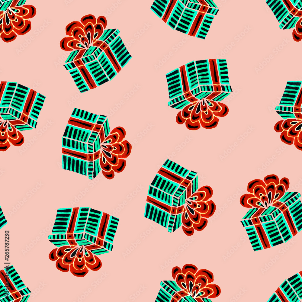 Christmas seamless pattern drawn by hand. Blue gift with red ribbon on a pink background. Happy New Year Christmas seamless pattern drawn by hand. Blue gift with red ribbon on a pink background. Happy New Year