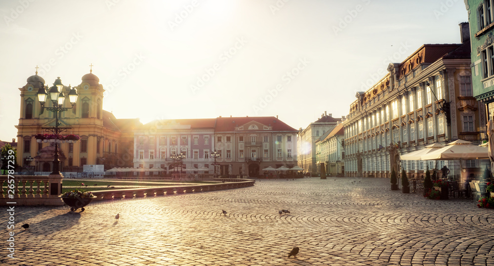 Union Square Timisoara Historical buildings morning sunrise