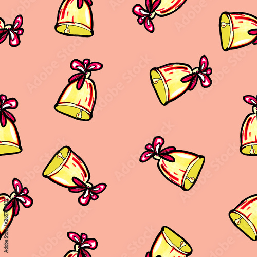 Christmas seamless pattern drawn by hand. Bell with a red festive ribbon on a pink background .New year.