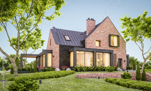 3d rendering of modern cozy clinker house on the ponds with garage and pool for sale or rent with beautiful landscaping on background. Clear summer evening with cozy light from window photo
