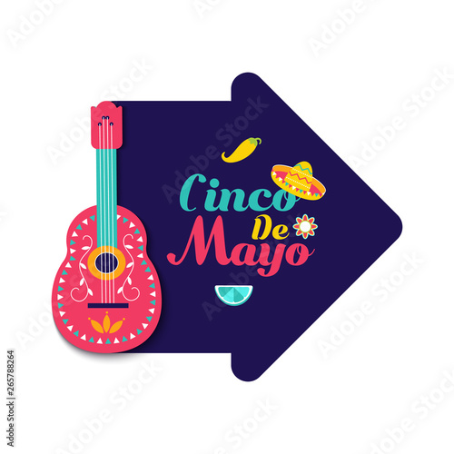 Cinco de Mayo Mexican festive banner. Poster of Latin culture symbol guitar, sombrero, fruits, chili pepper. Cinco de Mayo paper Fiesta card