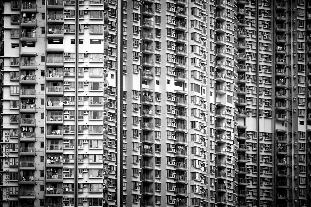 Crowded housing of Hong Kong in black and white