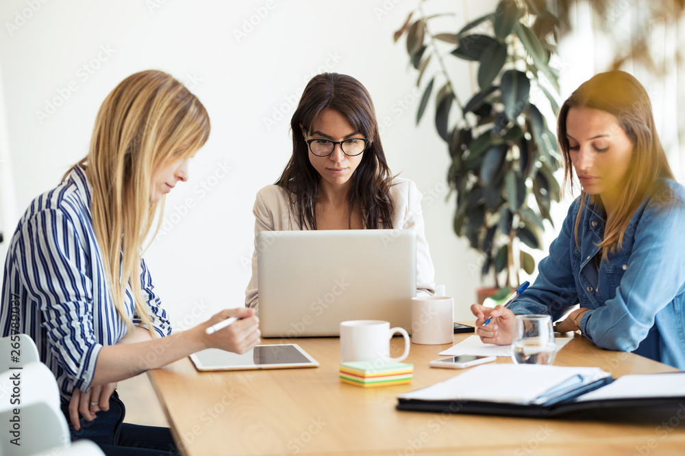 Pretty young businesswomen working of new ideas in co-working space. Pretty young businesswomen working of new ideas in co-working space.