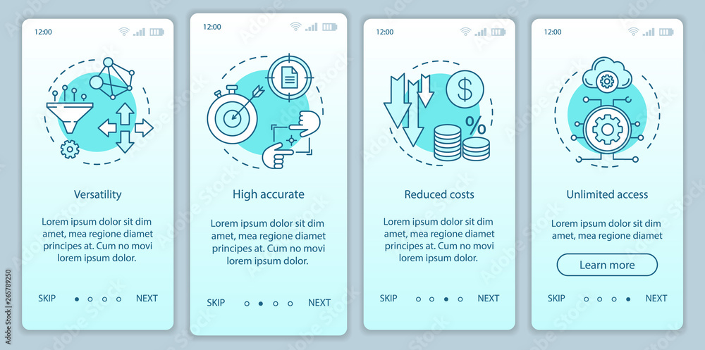 Profits of technologies onboarding mobile app page screen with linear concepts