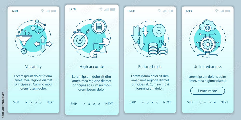 Naklejka premium Profits of technologies onboarding mobile app page screen with linear concepts