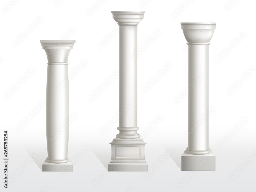 Ancient columns set isolated on white background. Antique classic stone ornate pillars of roman or greece architecture for interior or facade. Joinery vintage elements Realistic 3d vector illustration Ancient columns set isolated on white background. Antique classic stone ornate pillars of roman or greece architecture for interior or facade. Joinery vintage elements Realistic 3d vector illustration