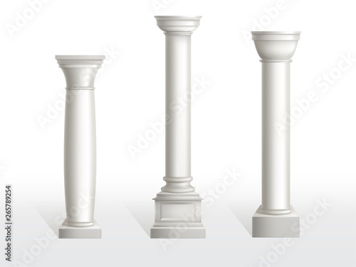 Ancient columns set isolated on white background. Antique classic stone ornate pillars of roman or greece architecture for interior or facade. Joinery vintage elements Realistic 3d vector illustration