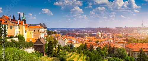 Prague Castle and Lesser Town panorama. View from Petrin Hill. Prague, Czech Republic. Spring Prague panorama from Prague Hill with Prague Castle, Vltava river and historical architecture. Czechia.