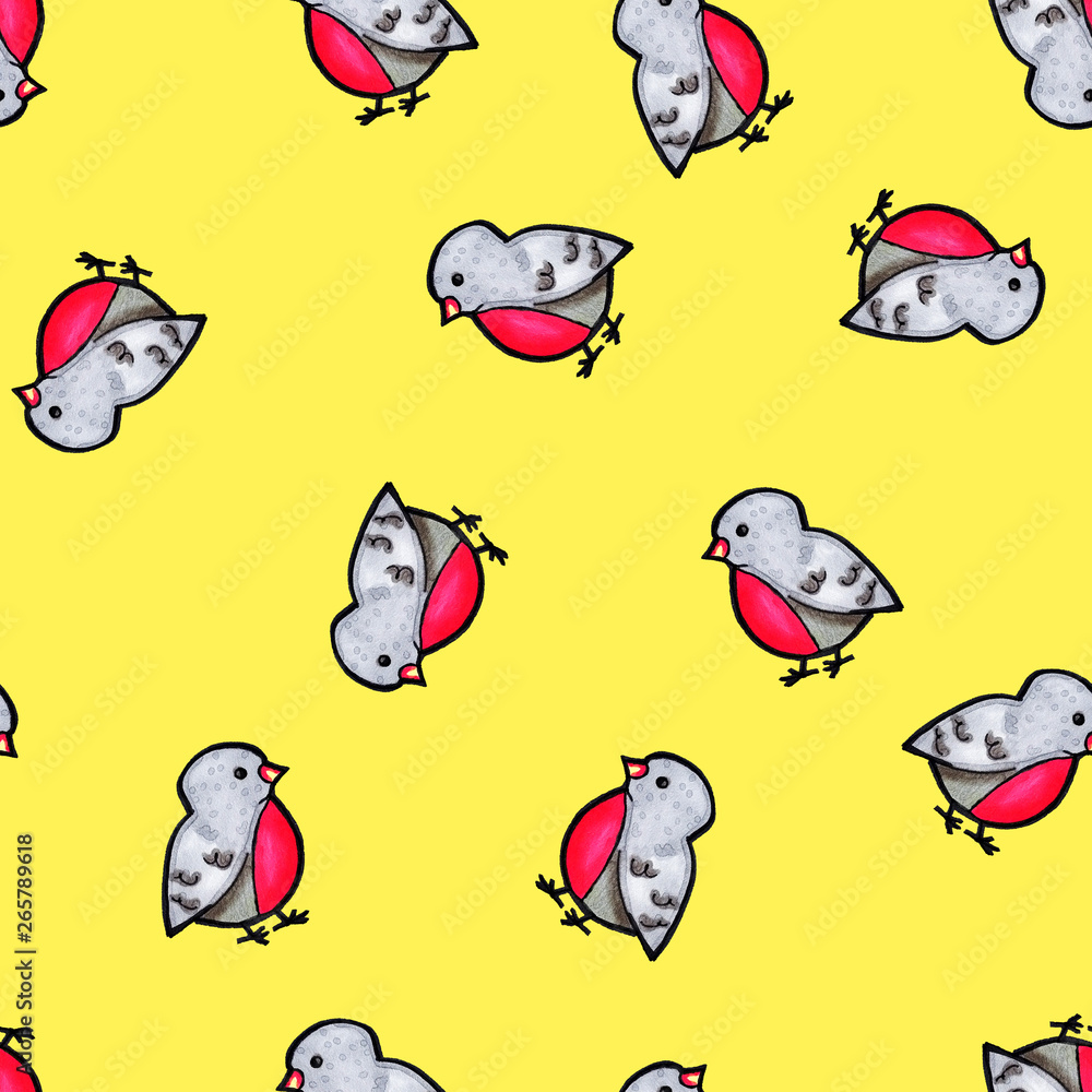 Obraz premium Christmas seamless pattern drawn by hand. Bullfinch on a yellow background .New year.