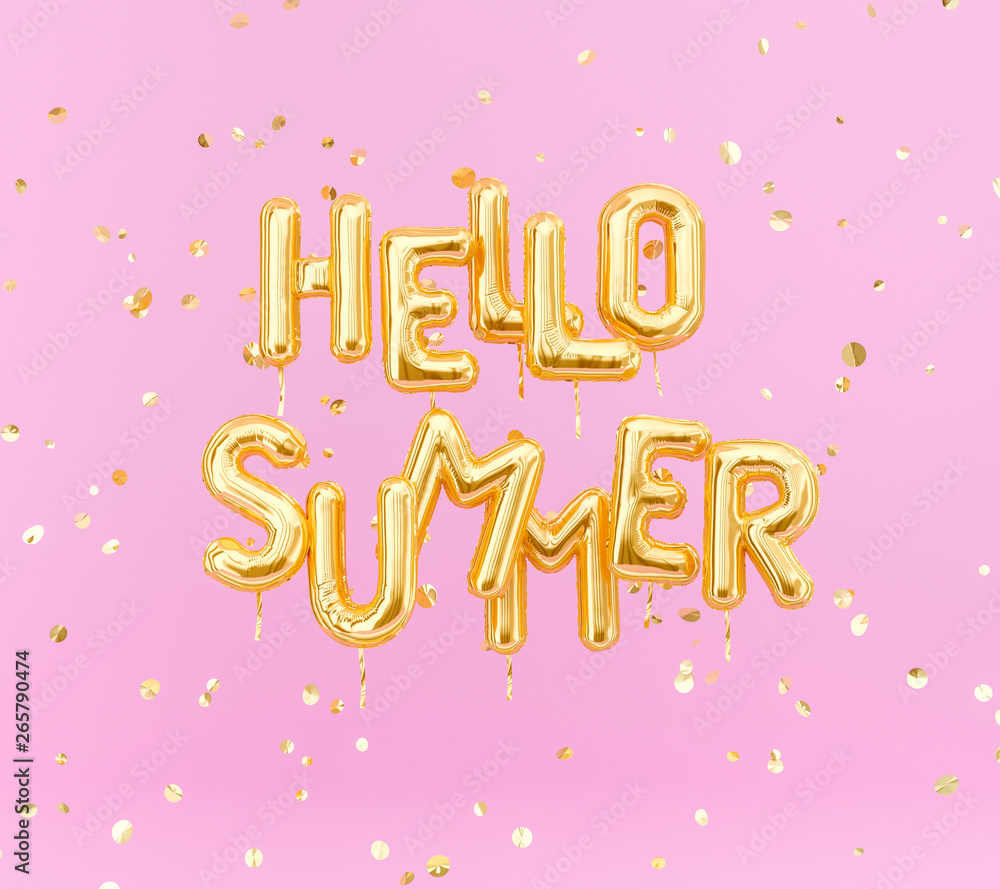 Hello Summer text gold foil balloons on pink background, 3d rendering