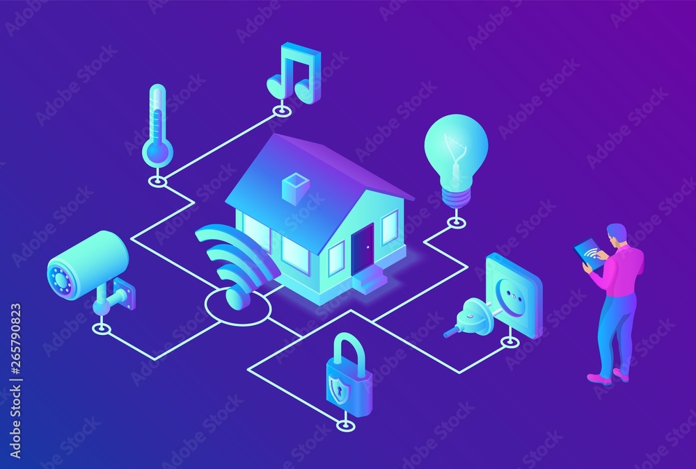 Smart home system concept. 3D isometric remote house control system ...