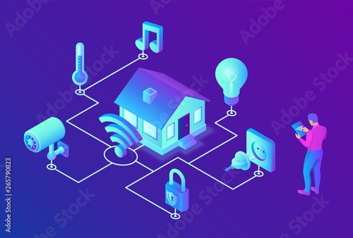 Smart home system concept. 3D isometric remote house control system. IOT concept. Smart home connection and control with devices through home network. Internet of things. Vector illustration.