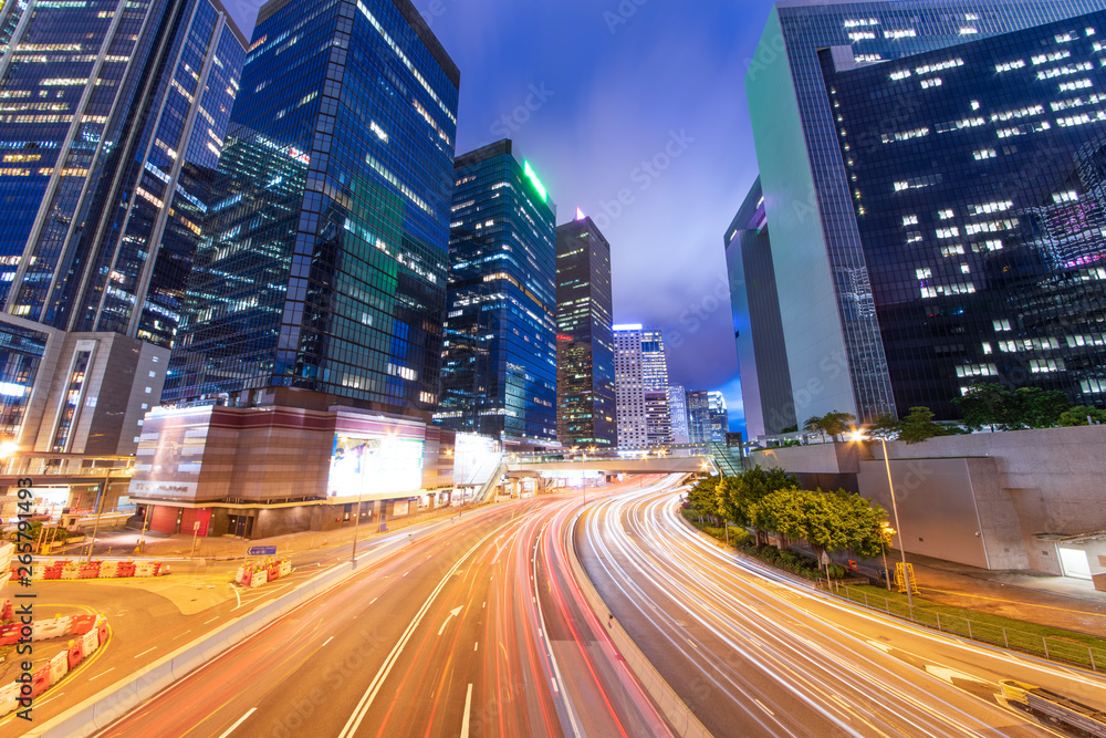 The night view of the city and the traffic in Hong Kong