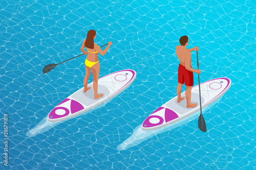 Isometric young couple practicing stand up paddleboard or SUP. The adventure of the sea with blue water on surfing. SUP Board.