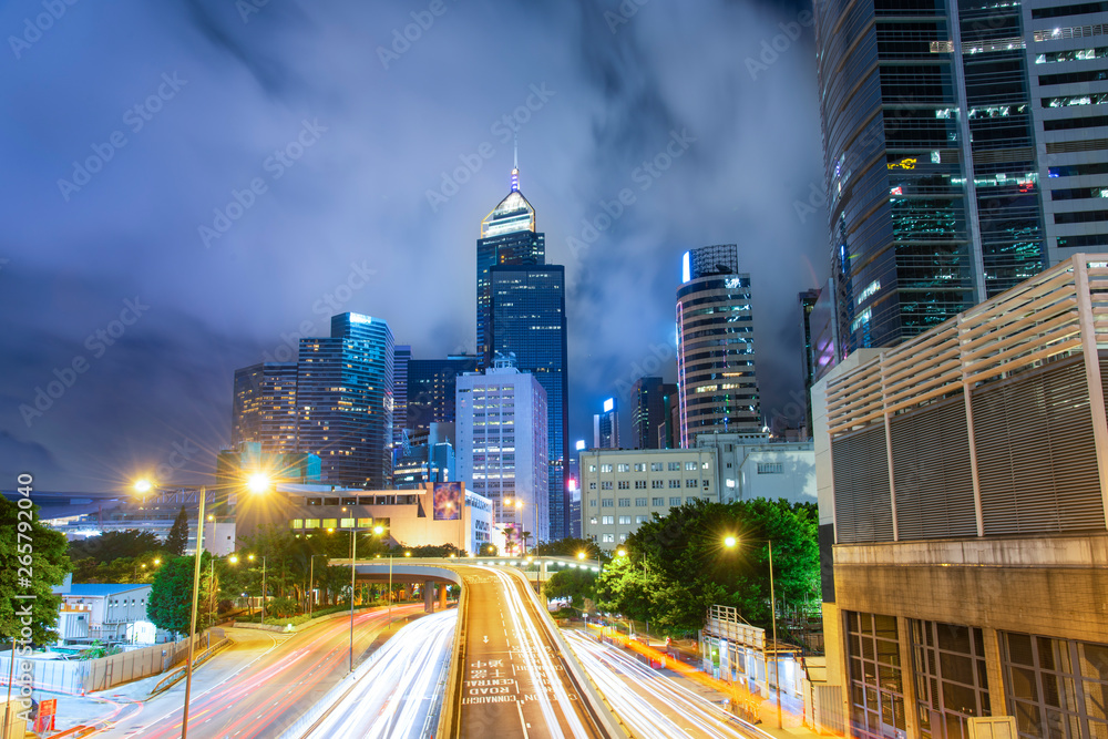 The night view of the city and the traffic in Hong Kong