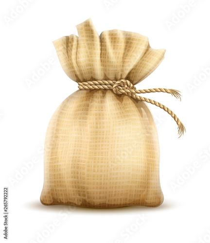 Full sack tied corded with rope knot. Textile tare for storage agricultural harvest, bulk cereals and foodstuff products, isolated on white transparent background. Gradient mesh. Eps10 illustration.