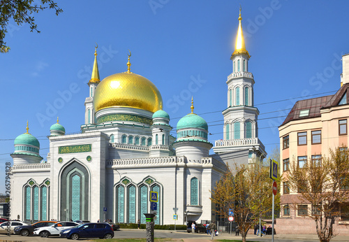 Urban view with Moscow Cathedral Mosque on Olimpiysky Avenue. Moscow, Russia
