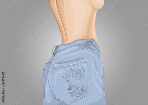 Beautiful half-naked young woman in blue jeans. Sexy women body. Patch on jeans. View from the back. Vector illustration