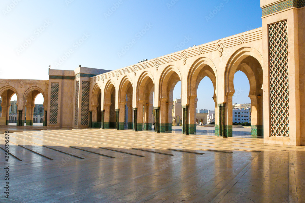 Casablanca, Morocco Hassan II mosque outside arches 