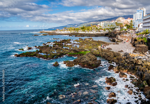Amazing view of coastline and seafront in Puerto de la Cruz town  Tenerife  Canary Islands  Spain. Artistic picture. Beauty world.
