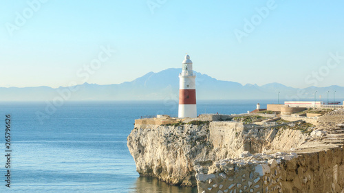 Europa point or Trinity Lighthouse in Gibraltar on a foggy day