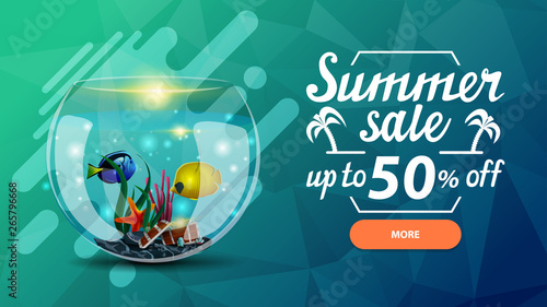 Summer sale, discount web banner for your site in a modern style with button, beautiful lettering and round aquarium with fish