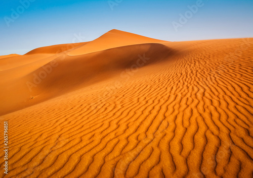 Amazing view of sand dunes in the Sahara Desert. Location  Sahara Desert  Merzouga  Morocco. Artistic picture. Beauty world.