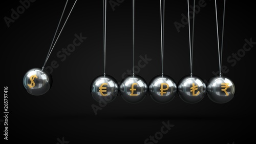 Newton's Cradle silver balls and golden currency symbols. 3d illustration, on black backgorund