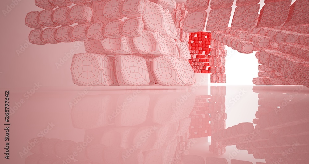 Naklejka premium Abstract drawing white parametric interior multilevel public space with window. 3D illustration and rendering.