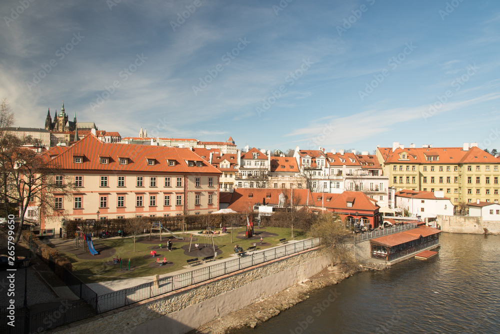 beautiful Praha city scenery with Prazsky hrad on the background from Karluv most bridge in Czech republic