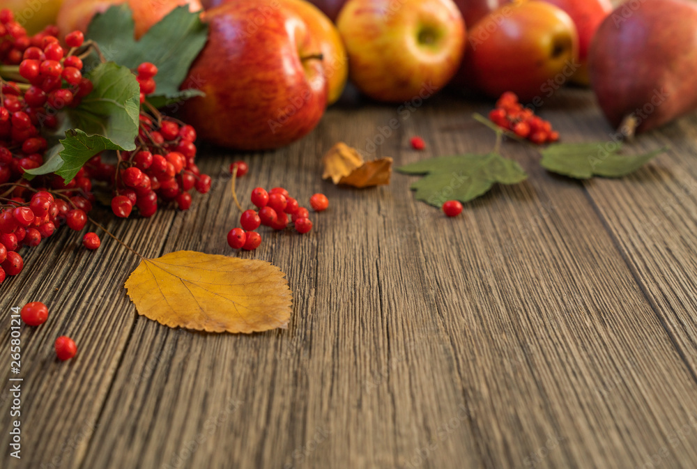 Harvest of red apples, autumn leaves and red berries on old boards. Autumn background. Harvest of red apples, autumn leaves and red berries on old boards. Autumn background.